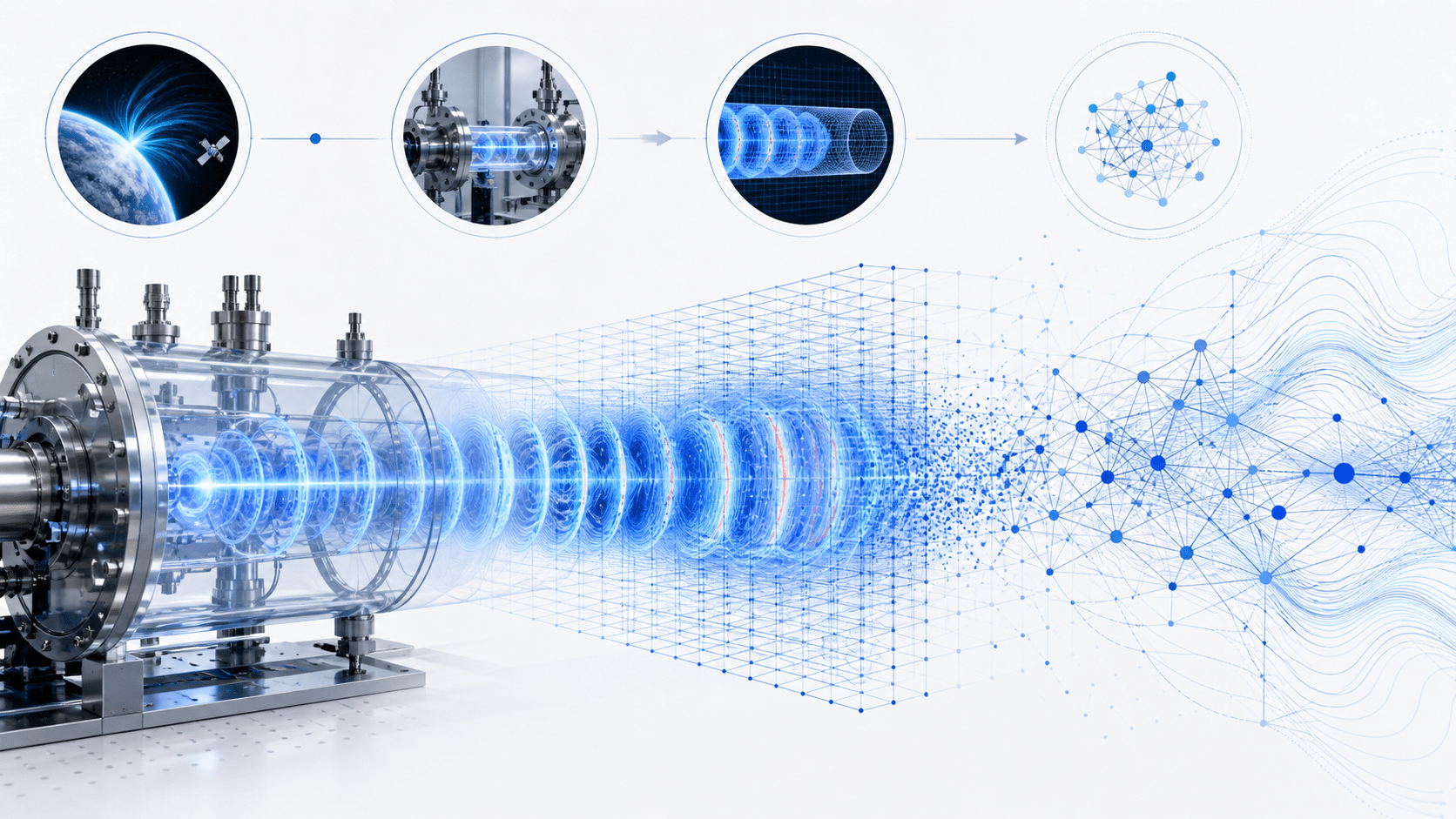 Conceptual workflow linking space observations, laboratory plasma experiments, numerical simulation, and machine learning.