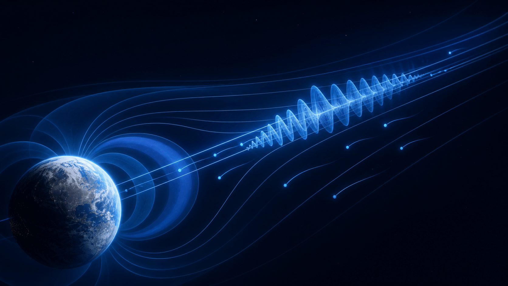 Conceptual view of plasma waves and energetic particles interacting along Earth’s magnetic field lines.